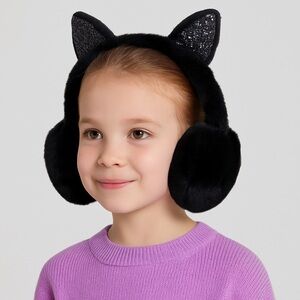 Claire’s Girl’s Black Faux Fur Cat Ear Earmuffs Glitter Sparkle Winter
